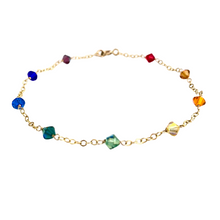 Load image into Gallery viewer, Rainbow Chain Bracelet. Swarovski Crystals in Rainbow Colors Bracelet 14k Gold Filled Clasp. Colorful Stacking Bracelet. Chakra Jewelry
