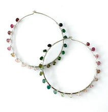 Load image into Gallery viewer, Watermelon Tourmaline Hoop Earrings - Large Sterling Silver Multi Color Gemstone Hoops. 2.5 inch diameter
