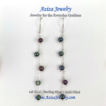 Load image into Gallery viewer, Black Pearl Earrings. Long Chain dangle peacock pearl earrings. Sterling Silver or 14k Gold Wire. Small freshwater pearls Earrings.
