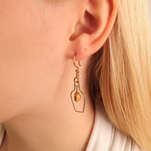 Load image into Gallery viewer, Wine Earrings. 14k Gold Champagne Bottle and Cork Screw Earrings with Genuine Citrine. White Wine Gift. Cocktail Jewelry
