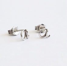 Load image into Gallery viewer, Initial Earrings. Small Sterling Silver Lowercase letter stud alphabet post earrings. Dainty Script Initial Stud Earrings. Girl Gift
