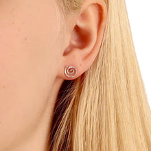 Load image into Gallery viewer, Gold Spiral Stud Earrings. Swirl Stud Post Earrings. 14k Gold Round Flat Hammered Stud Earrings. Yellow Gold Studs. Aziza Jewelry
