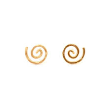 Load image into Gallery viewer, Gold Spiral Stud Earrings. Swirl Stud Post Earrings. 14k Gold Round Flat Hammered Stud Earrings. Yellow Gold Studs. Aziza Jewelry
