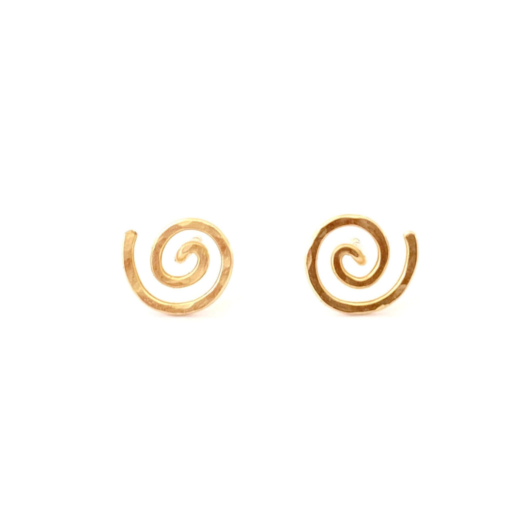 Gold Spiral Stud Earrings. Swirl Stud Post Earrings. 14k Gold Round Flat Hammered Stud Earrings. Yellow Gold Studs. Aziza Jewelry