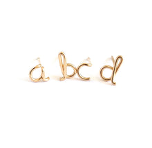 Load image into Gallery viewer, Gold Initial Earrings. 14k gold filled Small Dainty lowercase script earrings. Gold Letter Wire Studs. Aziza Jewelry
