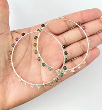 Load image into Gallery viewer, Watermelon Tourmaline Hoop Earrings - Large Sterling Silver Multi Color Gemstone Hoops. 2.5 inch diameter
