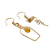 Load image into Gallery viewer, Wine Earrings. 14k Gold Champagne Bottle and Cork Screw Earrings with Genuine Citrine. White Wine Gift. Cocktail Jewelry

