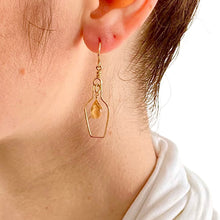 Load image into Gallery viewer, Wine Earrings. 14k Gold Champagne Bottle and Cork Screw Earrings with Genuine Citrine. White Wine Gift. Cocktail Jewelry
