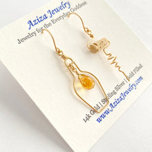 Load image into Gallery viewer, Wine Earrings. 14k Gold Champagne Bottle and Cork Screw Earrings with Genuine Citrine. White Wine Gift. Cocktail Jewelry
