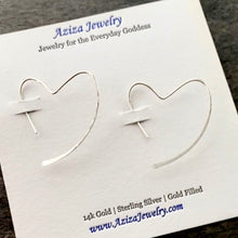 Load image into Gallery viewer, Heart Earrings. Sterling Silver Hammered Heart Hoop Earrings. 925 Silver Open Heart Dangle Earrings. Aziza Jewelry
