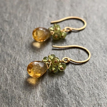 Load image into Gallery viewer, Citrine and Peridot Earrings. Genuine Citrine Gemstone Earrings. Yellow and green sterling silver or 14k gold filled. 1.25 inches
