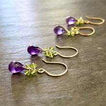 Load image into Gallery viewer, Peridot and Amethyst Earrings. Genuine Purple Green Gemstone Earrings. Sterling Silver.

