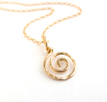 Load image into Gallery viewer, Gold spiral necklace pendant. 14k Solid Gold or Gold Filled Round Swirl Hammered Pendant. Sun swirl pendant. 1 inch tall.
