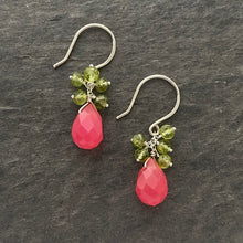Load image into Gallery viewer, Pink Jade Earrings with Peridot Gemstones Clusters.
