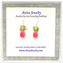 Load image into Gallery viewer, Pink Jade Earrings with Peridot Gemstones Clusters.
