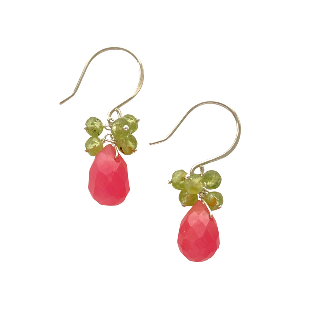 Pink Jade Earrings with Peridot Gemstones Clusters.