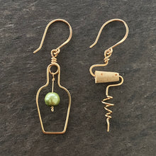 Load image into Gallery viewer, White Wine Earrings. Wine Bottle and Cork Screw Earrings with Grape. White Wine Lovers Jewelry. Green Grape Wine Earrings. Wine Lover Gift
