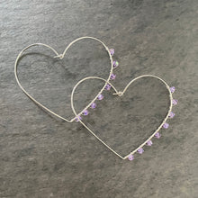Load image into Gallery viewer, Sterling Silver Heart Hoop Earrings. 2.5 inch X-Large Heart Hoop Earrings. Swarovski Crystals Hoops
