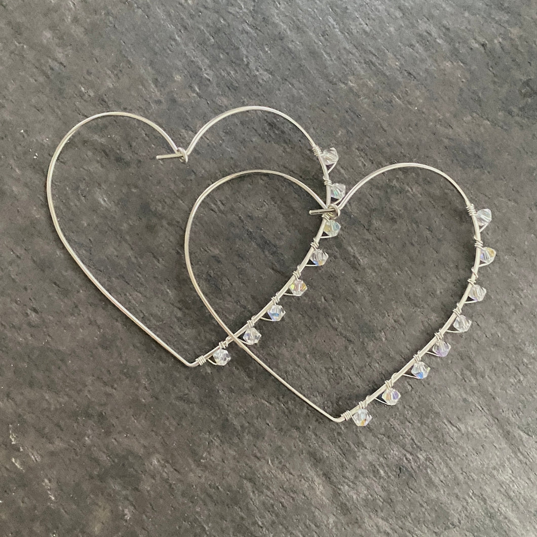 Sterling Silver Heart Hoop Earrings. 2.5 inch X-Large Heart Hoop Earrings. Swarovski Crystals Hoops