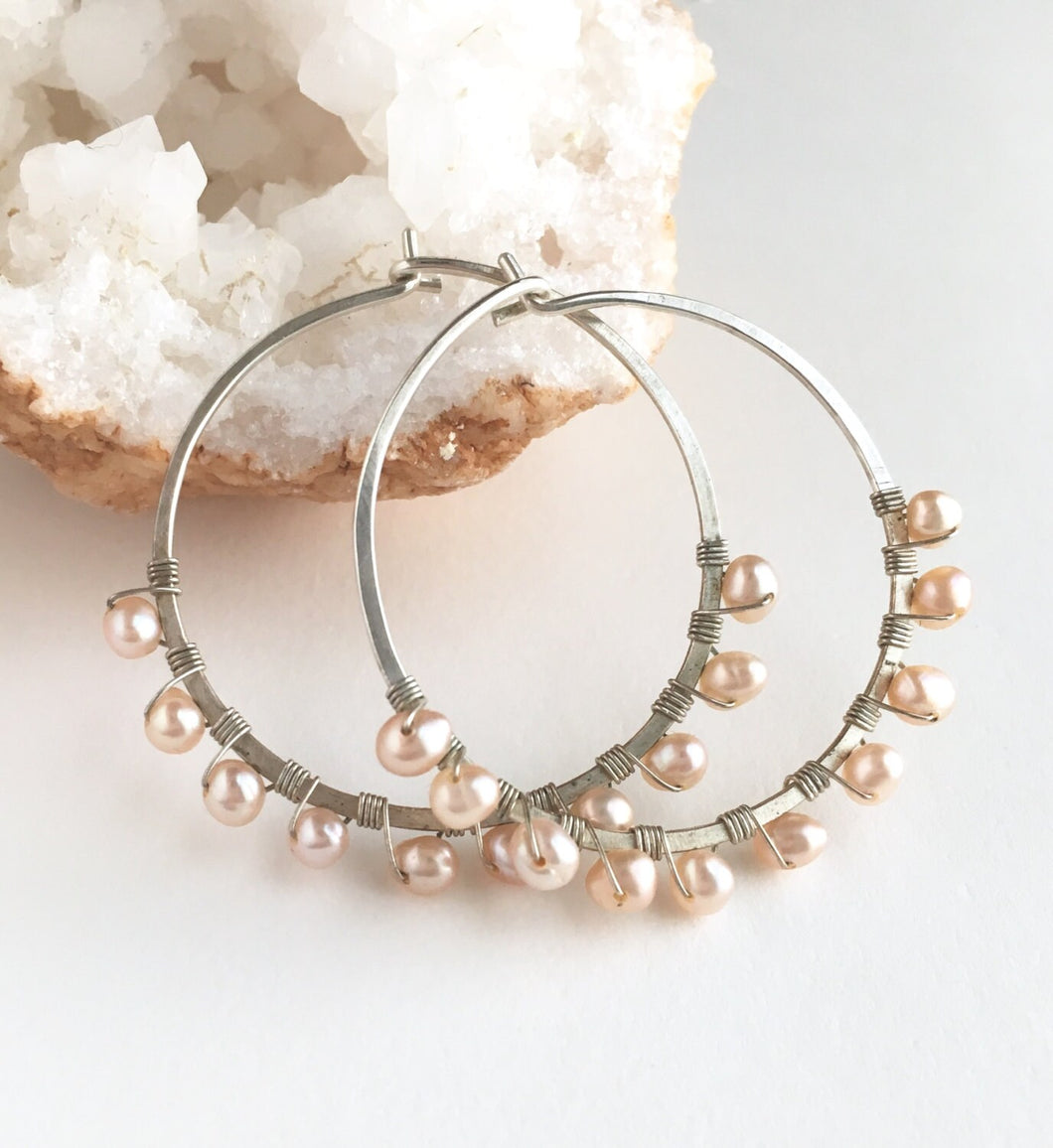 Pearl Hoop Earrings. Freshwater pearl earrings 1.5 inches wide