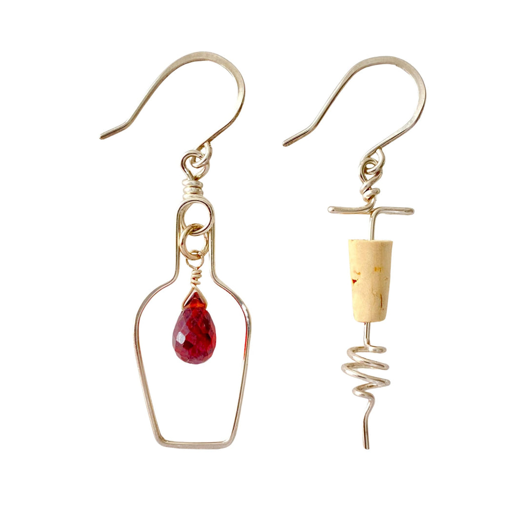 Red Wine Jewelry. 14k White Gold Garnet Wine Bottle and Cork Screw Earrings. Wine Gift