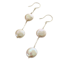 Load image into Gallery viewer, Long White Coin Pearl Earrings. Freshwater pearl earrings with long chain.
