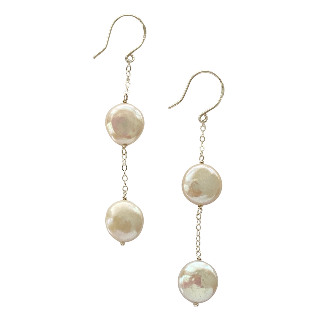 Long White Coin Pearl Earrings. Freshwater pearl earrings with long chain.