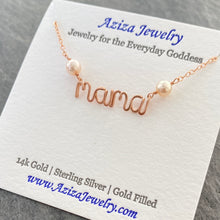Load image into Gallery viewer, Custom Rose Gold lowercase mama Necklace W Pink Pearls 14k Personalized Rose Gold Name Necklace with genuine freshwater pearls. New mom necklace
