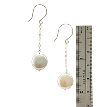 Load image into Gallery viewer, Long 2&quot; White Coin Pearl Chain Earrings. Freshwater pearl earrings with chain.
