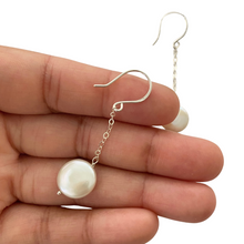 Load image into Gallery viewer, Long 2&quot; White Coin Pearl Chain Earrings. Freshwater pearl earrings with chain.
