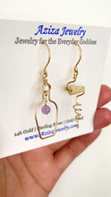 Load and play video in Gallery viewer, Wine Lovers Earrings with Grape. Wine Bottle Cork Screw Earrings with Real Amethyst. Gold Earrings.
