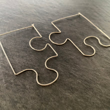 Load image into Gallery viewer, Large Puzzle Hoop Earrings. Sterling Silver or 14k Gold 3 inch Puzzle Piece Hoops
