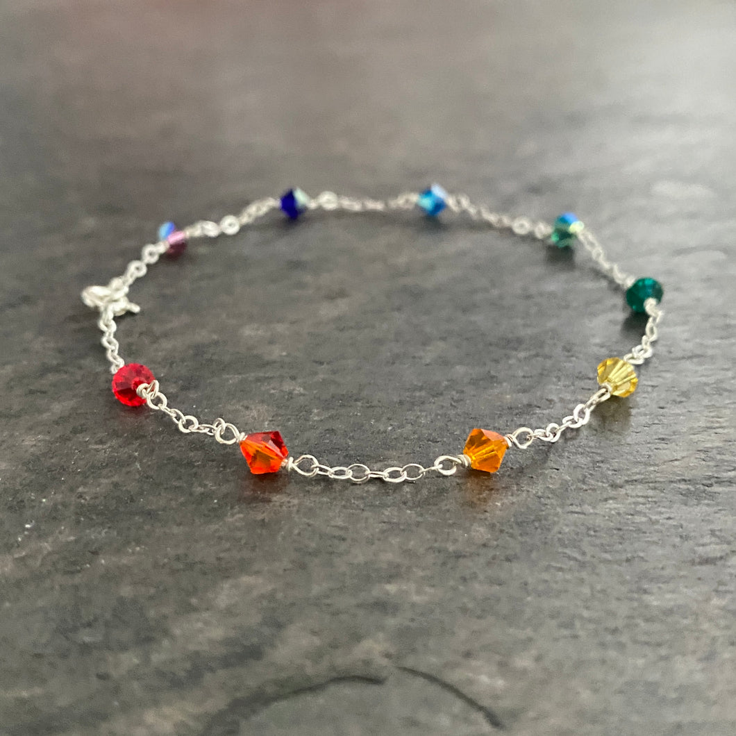 Rainbow Chain Bracelet. Swarovski Crystals Bracelet Sterling Silver. Colorful Stacking Bracelet. Chakra Jewelry