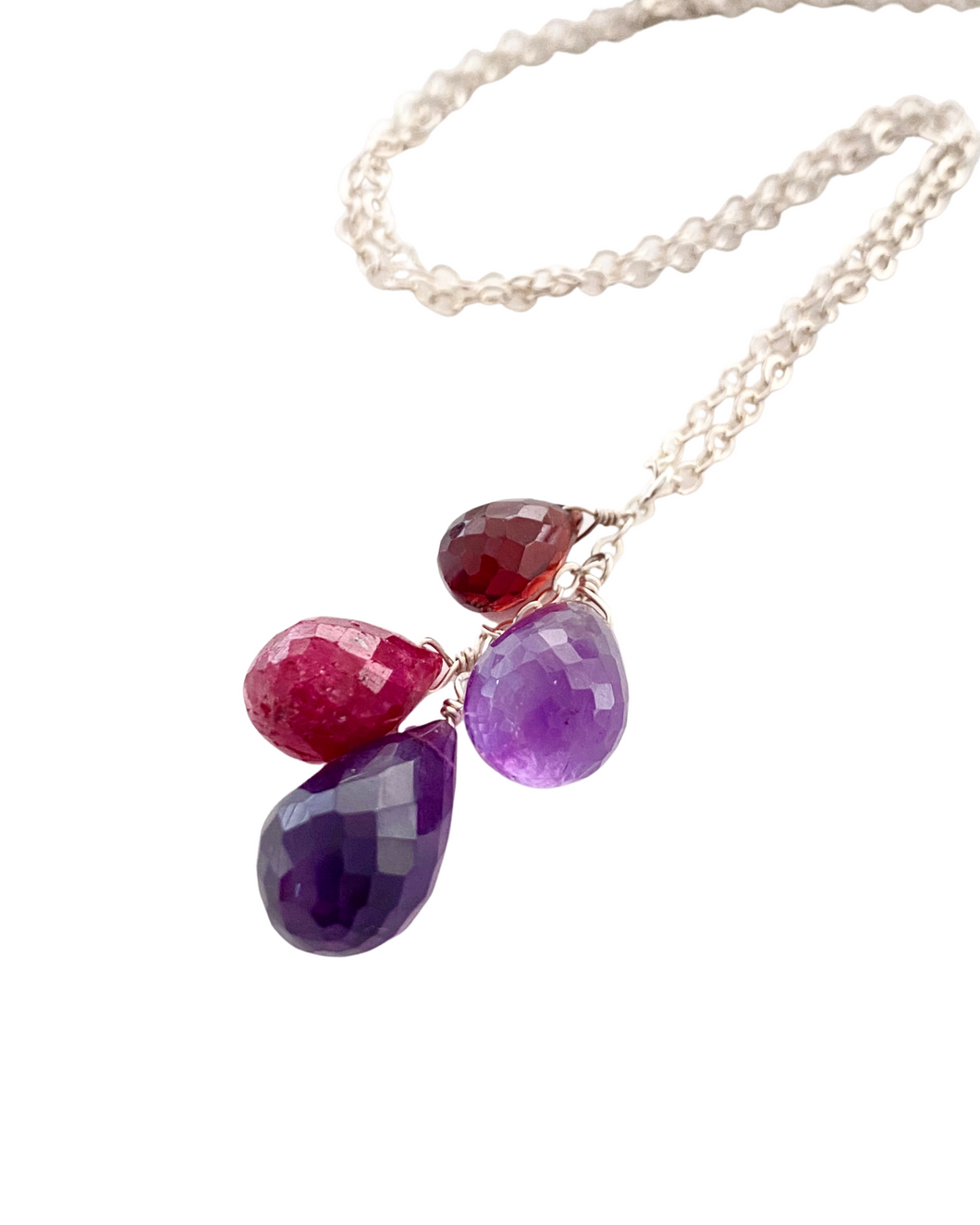 Multi Gemstone Necklace. Ruby, Garnet, Amethyst Pendant. Sterling Silver Necklace.