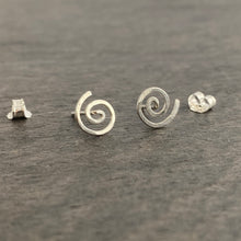 Load image into Gallery viewer, Sun Swirl Stud Earrings. Sterling Silver Hand Hammered Spiral Studs. Round Flat Swirl Stud Post Earrings
