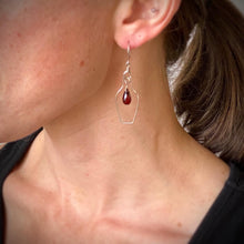 Load image into Gallery viewer, Red Wine Jewelry. 14k White Gold Garnet Wine Bottle and Cork Screw Earrings. Wine Gift
