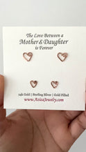 Load and play video in Gallery viewer, Mother Daughter Rose Gold Heart Studs Set. 2 Pairs 14k Rose Gold Heart Studs Set. Push Present
