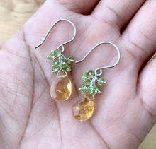 Load image into Gallery viewer, Citrine Earrings with Peridot Clusters. Sterling Silver Ear wires.
