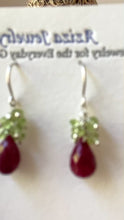 Load and play video in Gallery viewer, Ruby Earrings with Peridot. Real Gemstone Clusters. Sterling Silver Dangle Earrings
