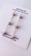 Load and play video in Gallery viewer, Long Pink Pearl Earrings. Freshwater pearl earrings with chain.
