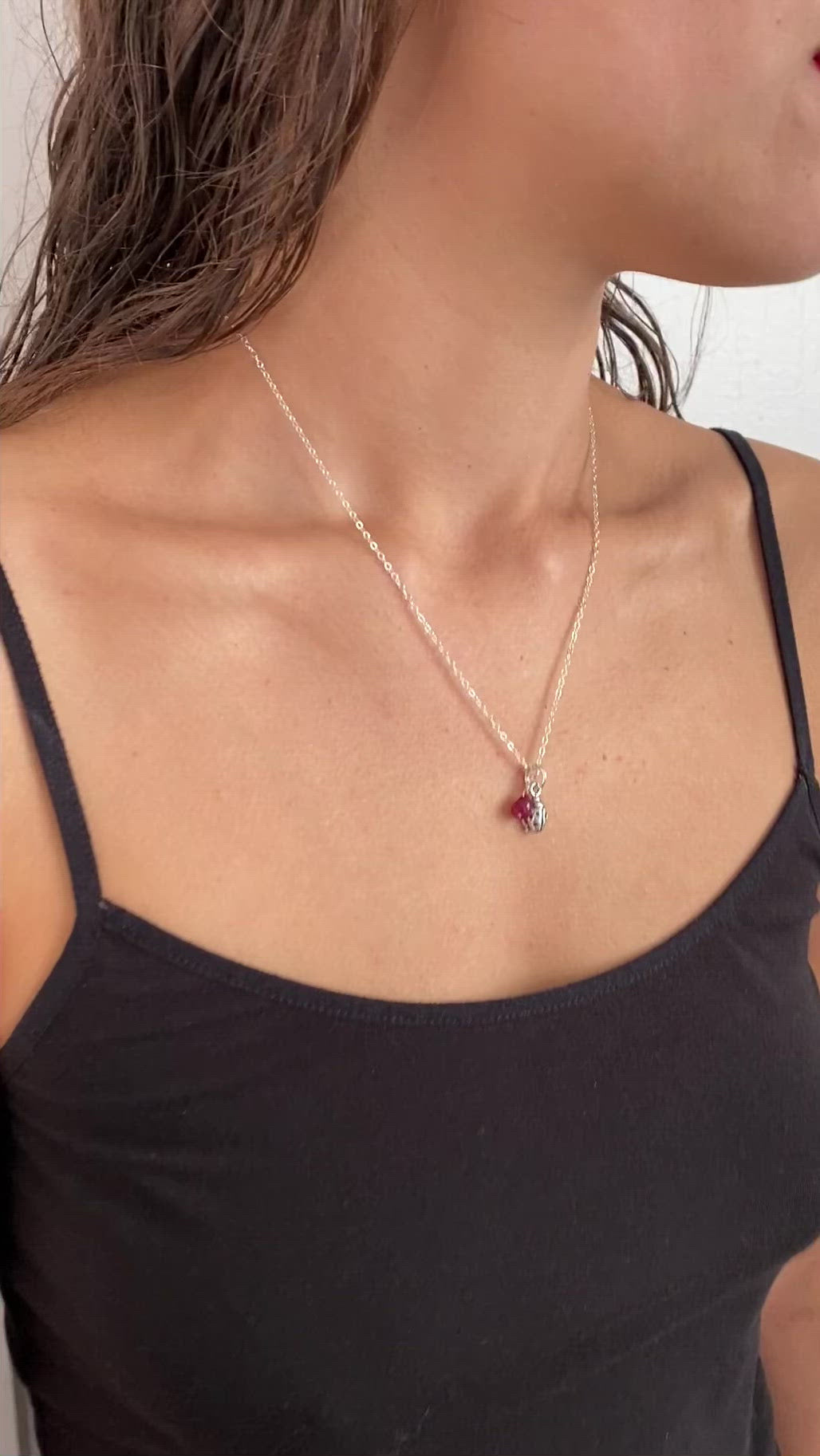 Ladybug Charm and Ruby Necklace. Genuine Ruby and Sterling Silver Necklace
