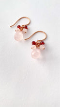Load and play video in Gallery viewer, Rose Quartz and Garnet Earrings. Small Cute Faceted Pink Drop Earrings.
