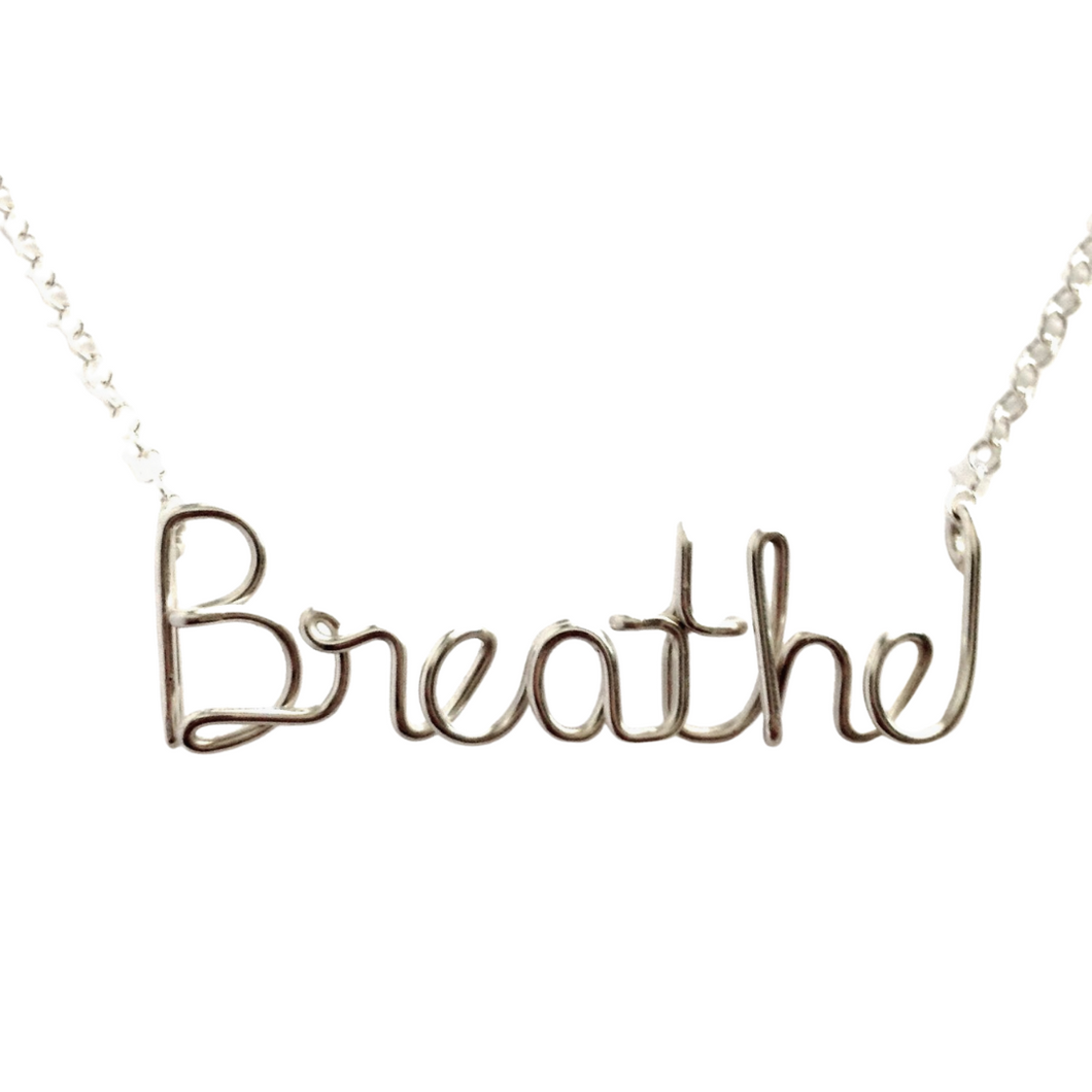Breathe Necklace. Sterling Silver Breathe Necklace. Yoga Breathe Necklace. Inspiration Necklace. Breathe Wire Silver Calligraphy Necklace