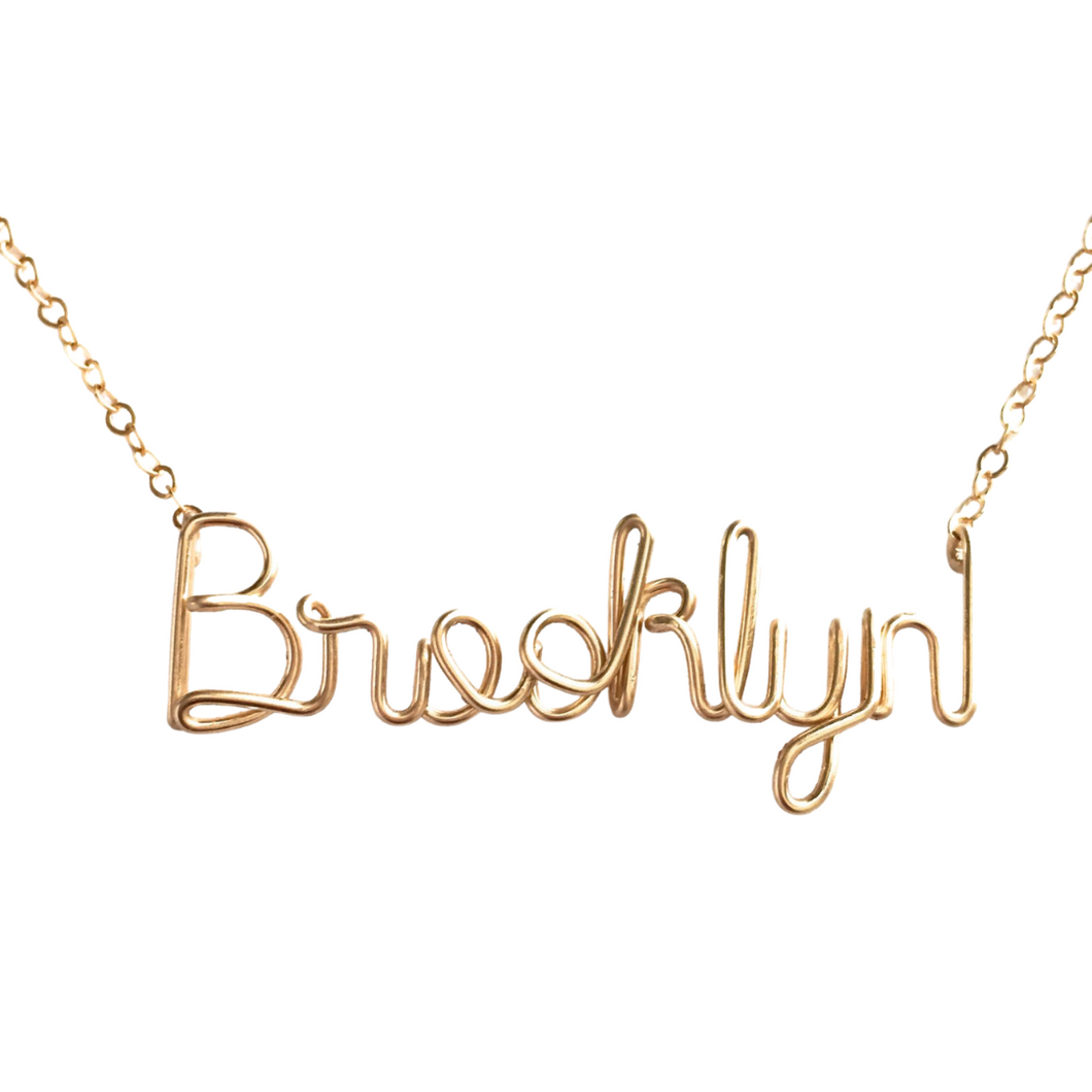 Brooklyn Necklace. Gold Script Brooklyn Wire Necklace. 14k Gold Filled Brooklyn NYC Necklace.