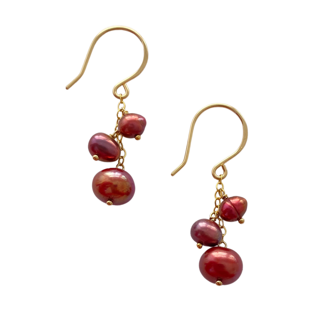 Burgundy Chandelier Pearl Earrings. Off Round- Textured Earrings. AzizaJewelry