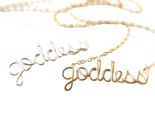 Load image into Gallery viewer, Goddess Necklace. Personalized 14k Gold Filled or Sterling Silver Necklace goddess necklace. Goddess jewelry. Goddess Script Wire Necklace
