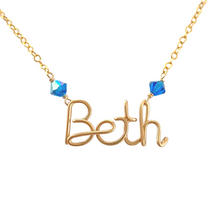 Load image into Gallery viewer, 14k Gold Name Necklace with Swarovski Crystals. Custom Personalized Wire Script Name Necklace
