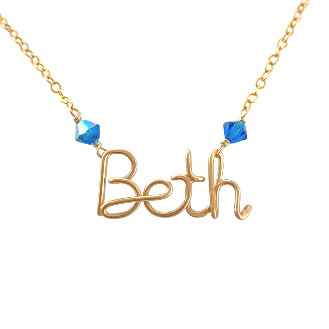 14k Gold Name Necklace with Swarovski Crystals. Custom Personalized Wire Script Name Necklace