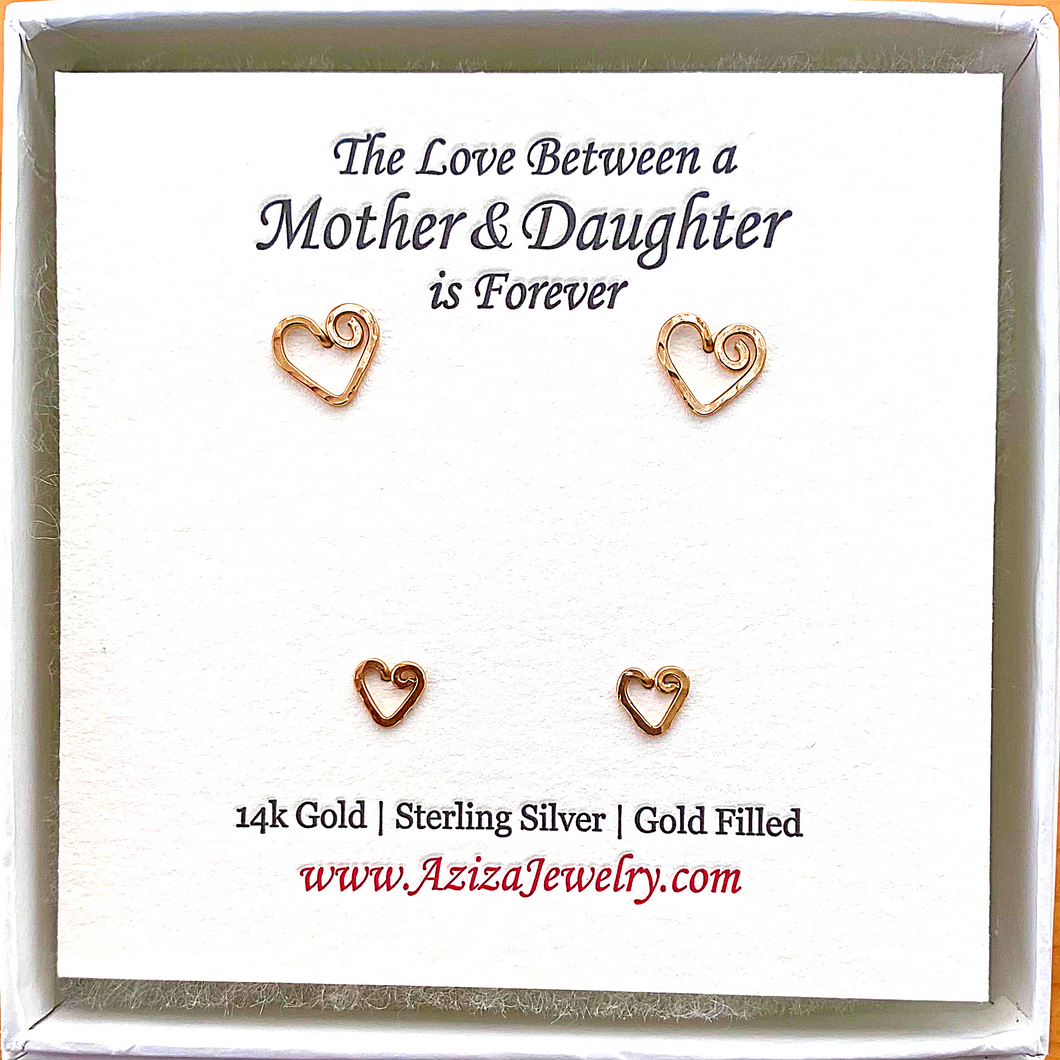 Mother Daughter Gold Earrings. 2 Pairs 14k Gold Heart Studs Set in Medium, Small. Push Present. Valentines Day