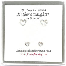 Load image into Gallery viewer, Mother Daughter Heart Earrings. 2 Pairs Sterling Silver Heart Studs Set in Medium and Small Earrings. Push Present. Mom to Be Gift
